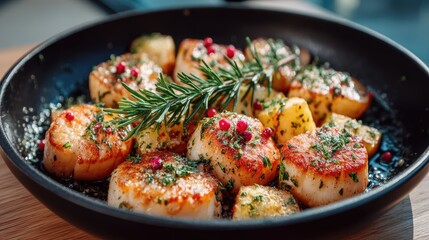 Seared Scallops Served in Black Frying Pan on Wooden Tabletop with Rosemary Sprig Pink Peppercorns and Herbs Drizzled Generously with Oil in Warm Lighting