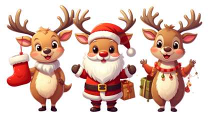 Three playful cartoon deer designs in Christmas theme isolated on transparent background
