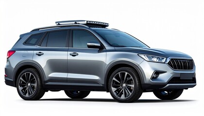 Naklejka premium Modern silver SUV with aerodynamic design roof rack mounted lights black alloy wheels bold vertical grille and sharp headlights on white background for automotive marketing and lifestyle visuals