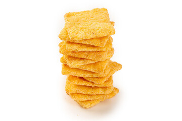 Crispy Corn Tortilla Chips with Spicy Pepper Flakes Stack on White Background