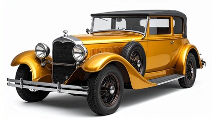 Vintage gold luxury car with rounded fenders wire-spoke wheels brown soft-top roof side-mounted spare tires and classic grille for collector automotive editorial and lifestyle visuals