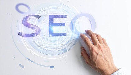 SEO concept Hand interacting with glowing letters inside of digital rings. White backdrop with futuristic tech design