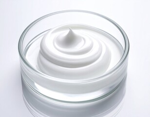 Creamy swirls filling a round, clear glass dish, top view on a white surface, with gentle lighting highlighting its smooth, glossy texture