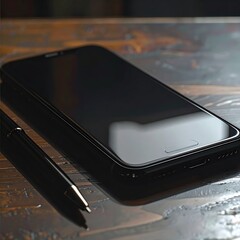 Sleek black smartphone with a smooth, reflective screen lies beside a pen on a textured, rustic wooden surface under moody, directional lighting