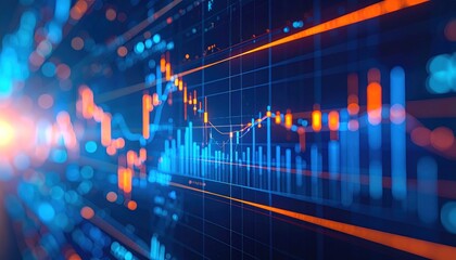 Abstract financial chart with blue background, orange bars and lines, creating a depth-of-field, blurred effect
