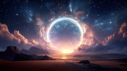 Cosmic portal over a desert landscape