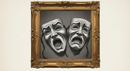 Two dramatic theater masks in golden frame