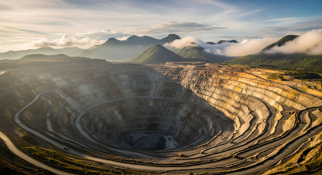 Vast open pit mine with layered excavation and distant mountains under sky