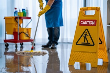 A prominent yellow "CAUTION WET FLOOR" sign stands in the foreground, clearly warning of a slippery surface, while a person in yellow gloves and blue work clothes mops a shiny 