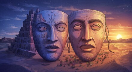 Two faces of ancient mask desert landscape