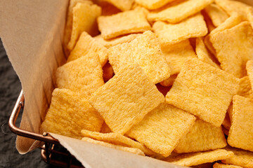 Golden Crispy Corn Chips in Wire Basket - Handmade Snack Food Photography