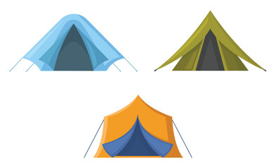 Colorful Camping Tents Set: Blue, Olive, and Orange Outdoor Shelter Icons for Travel and Adventure.