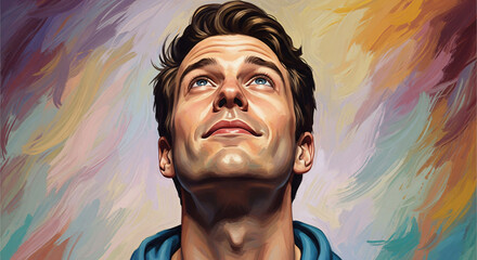 Painterly Illustration Of A Man Looking Upward With Hopeful Visionary Expression Centered Front Facing From Chest To Head In Artistic Colors And Style