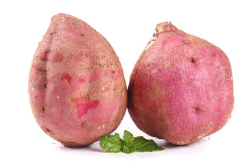 Red Skinned Sweet Potatoes with Fresh Mint on White Background