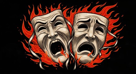 Two tragedy masks in flames