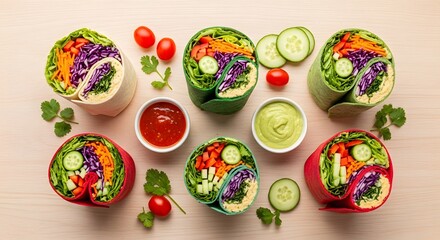 Fototapeta premium Top-down view of colorful vegetable wraps with fresh ingredients and dipping sauces on a light wooden surface.
