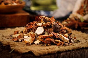 Dried Spices and Seasoning Collection on Wooden Board - Traditional Cooking Ingredients