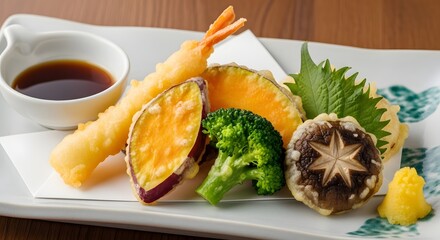 Assortment of crispy Japanese tempura featuring shrimp, sweet potato, pumpkin, broccoli, and shiitake mushroom, served with dipping sauce.