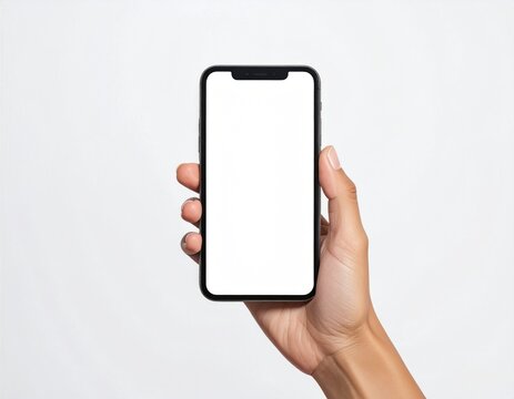 A tanned hand holds a black-rimmed smartphone with a blank white screen, presented on a stark white background in a portrait-oriented view