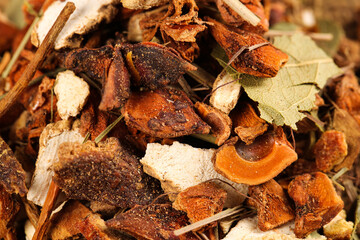 Aromatic Spice Collection with Cinnamon and Bay Leaves in Rustic Pot