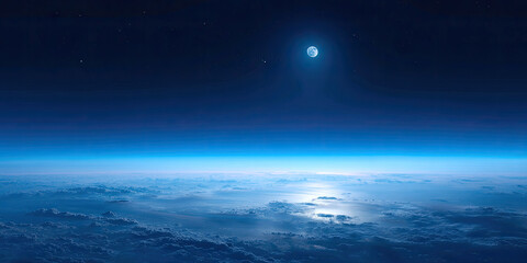 A deep blue sky with the horizon line of Earth's surface, viewed from space. The atmosphere is illuminated by soft moonlight, creating gentle shadows on the planet below. There should be no clouds in 