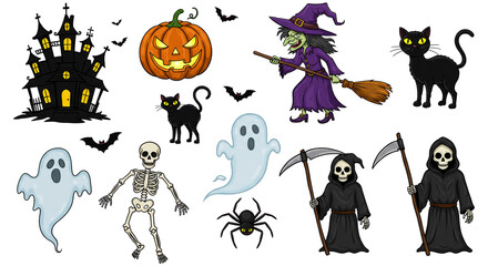 Halloween element set. Design for web banner, scrapbook, greeting card, invitation, poster, template, tag, stickers and party clipart.