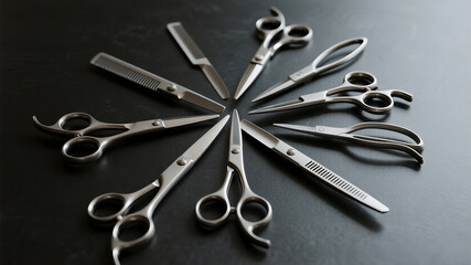 A top-down flat lay of various grooming scissors arranged in a fan shape