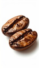 Two roasted coffee beans, with varying brown hues, lie close, creating a textured pattern on a smooth, white surface with directional lighting