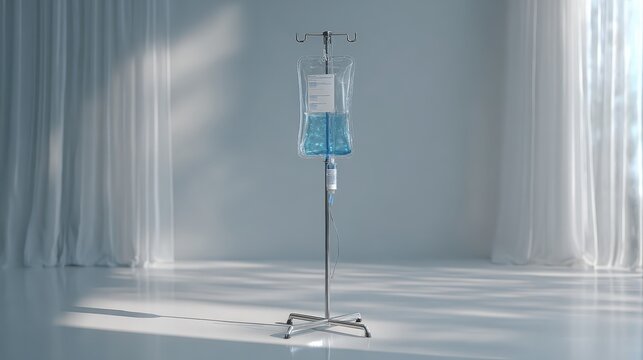 Intravenous Therapy Stand with Fluid Bag in Serene Hospital Setting