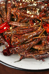 Deep Fried Grasshoppers with Sesame Seeds - Traditional Shandong Chinese Street Food Snack
