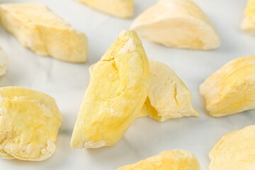 Dried Durian Slices - Golden Specialty Tropical Fruit Products on White Background