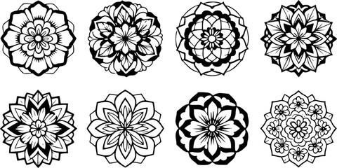 Intricate Black and White Floral Mandala Design | Symmetrical Mehndi-Inspired Art | Detailed Geometric Patterns for Coloring Books and Tattoos
