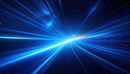Abstract blue lights converging to a bright spot. Streamlined, luminous streaks give a sense of speed and energy. Modern digital graphic