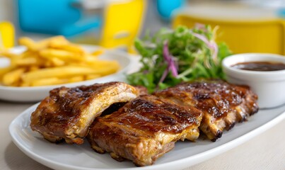 American-style pork ribs on a white dining table.