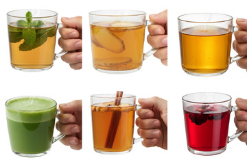 A set of six clear glass cups held in hands, each containing different teas and herbal drinks, isolated on a white background. © Husaini