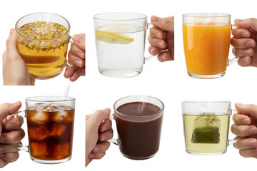 A collection of six clear glass cups, each held in a hand and filled with different beverages, isolated on a white background.