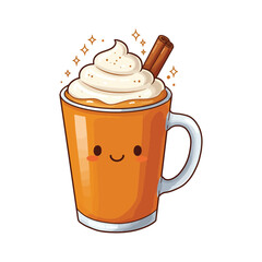Vector art of cute cartoon pumpkin spice latte with whipped cream and cinnamon stick