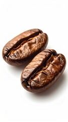 Obraz premium Two glistening, roasted coffee beans, side by side, against a stark white background. Close-up view highlights intricate bean details and texture