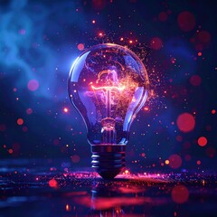 Glass lightbulb emitting orange and purple light with bokeh & smoky blue background. A sparkling surface reflects the light in an abstract manner