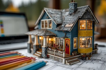 Miniature blue yellow house model with red door and illuminated windows miniature house