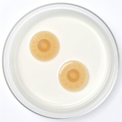 Petri dish with two circular, raised beige colonies, translucent edges, on agar, photographed from above against a white backdrop