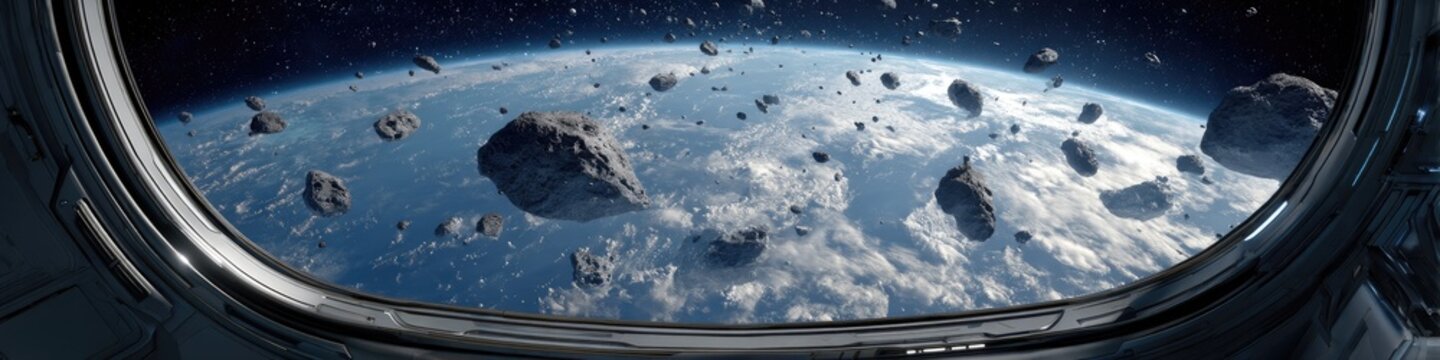 Round window on black background revealing space universe with open door leading to another dimension, blue sky asteroids and spaceship creating cinematic abstract business concept.