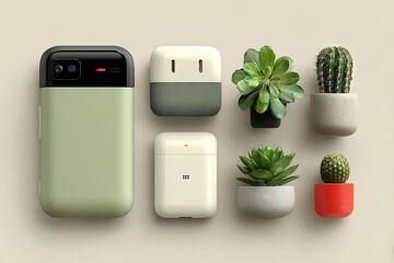 Minimalist tech gadgets and potted plants technology succulents