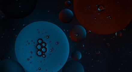 Colorful abstract planetary orbs floating in dark space with smaller particles and bubbles resembling a cosmic or sci-fi scene with vibrant blue, red, and orange tones and glowing effects