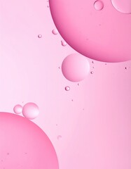 Close-up, soft pink background featuring floating oil droplets of various sizes. Bubbles appear spherical, creating an abstract and dreamy aesthetic