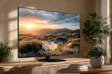 Modern flat screen display showing scenic landscape television stand