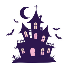 Vector art of spooky purple haunted house with bats and moon