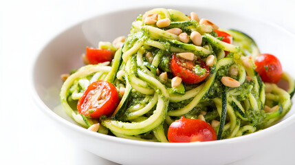 Fresh Zucchini Noodles Tossed with Pesto Sauce and Cherry Tomatoes for a Healthy Lunch or Dinner Option
