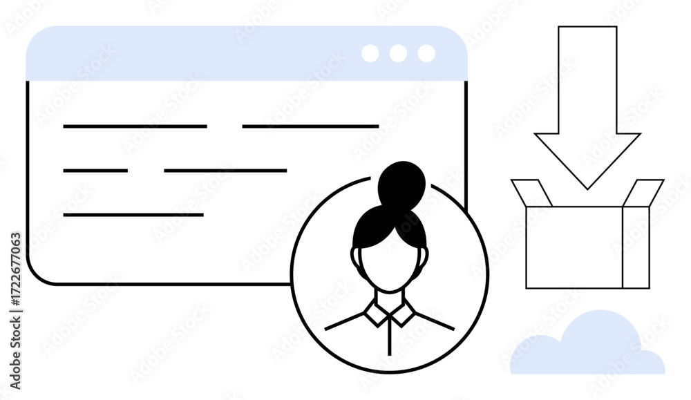 Poster digital interface with profile icon, download arrow pointing to open box, and cloud element. ideal f