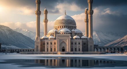 Obraz premium Majestic Mosque in a Winter Wonderland with Snow Covered Mountains